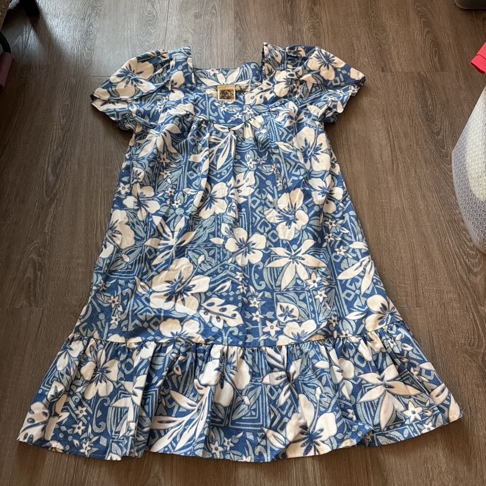 VTG‎ Winnie Fashion Small Blue White Cotton Blend Hawaiian Floral House Dress